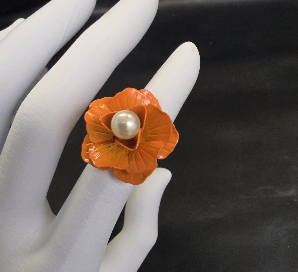 Orange Floral Pearl Center Cocktail Ring - Women Jewelry